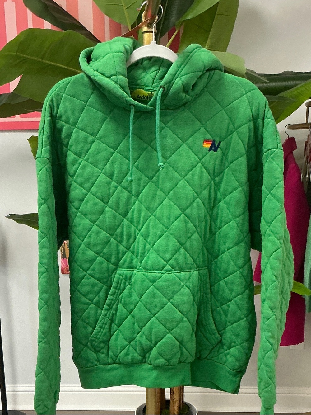 Aviator Nation Green Quilted Hoodie with Rainbow 'A' Logo